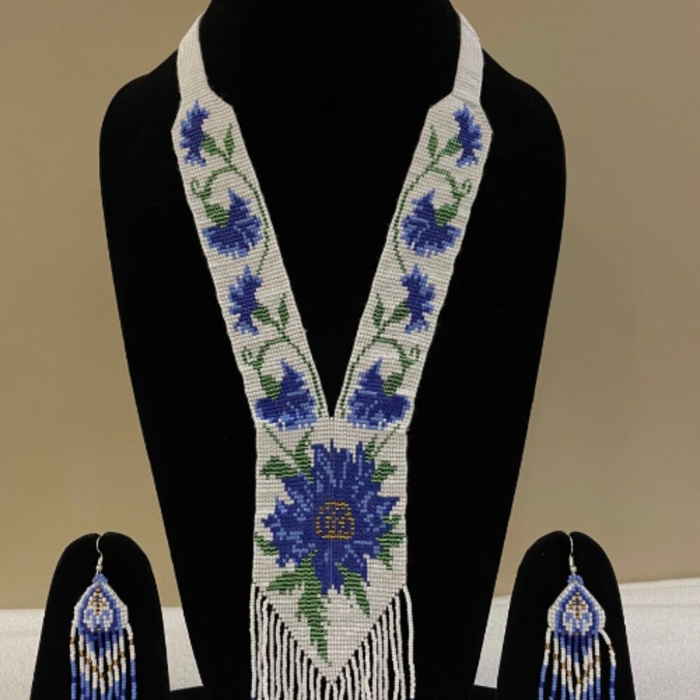 Handmade Beaded Jewelry Set – Boho Necklace & Earrings White Blue